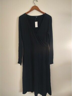 NWT Banana Republic Large Black Long Sleeve Wool Blend Wrap Dress L